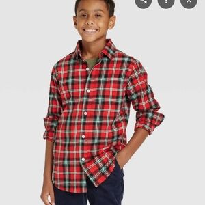 Cat & Jack Boys Red Plaid Button-Down Shirt with Green Accents